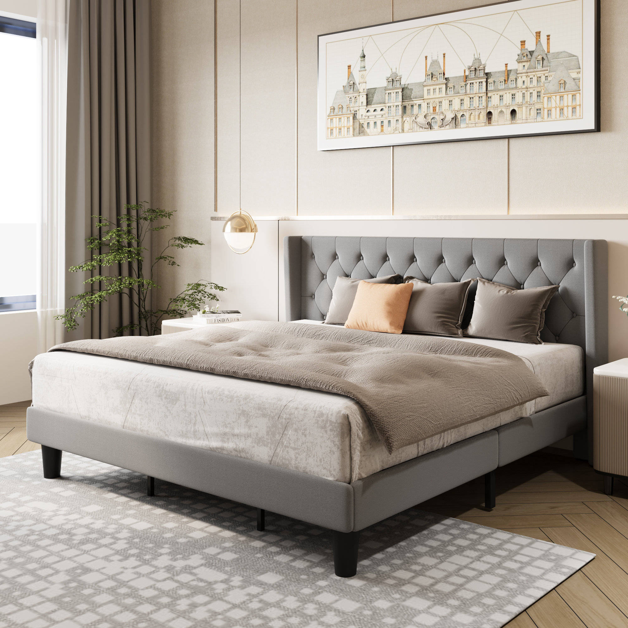 Lark Manor Hilbert Upholstered Low Profile Platform Bed Frame with Headboard Reviews Wayfair Canada